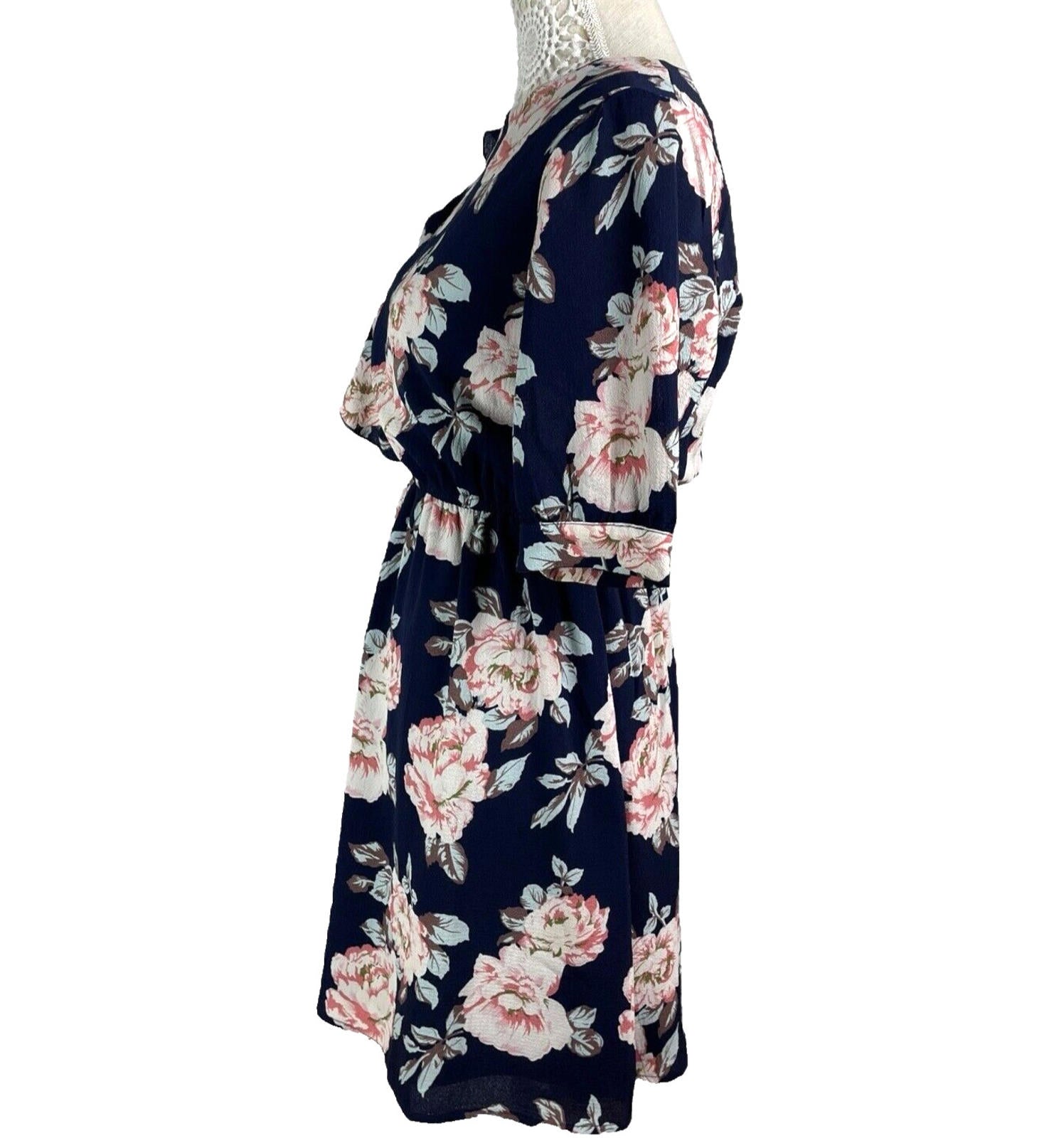 Urban Bliss Midi Dress Navy Floral High Neck Elastic Waist Women’s UK Size 10