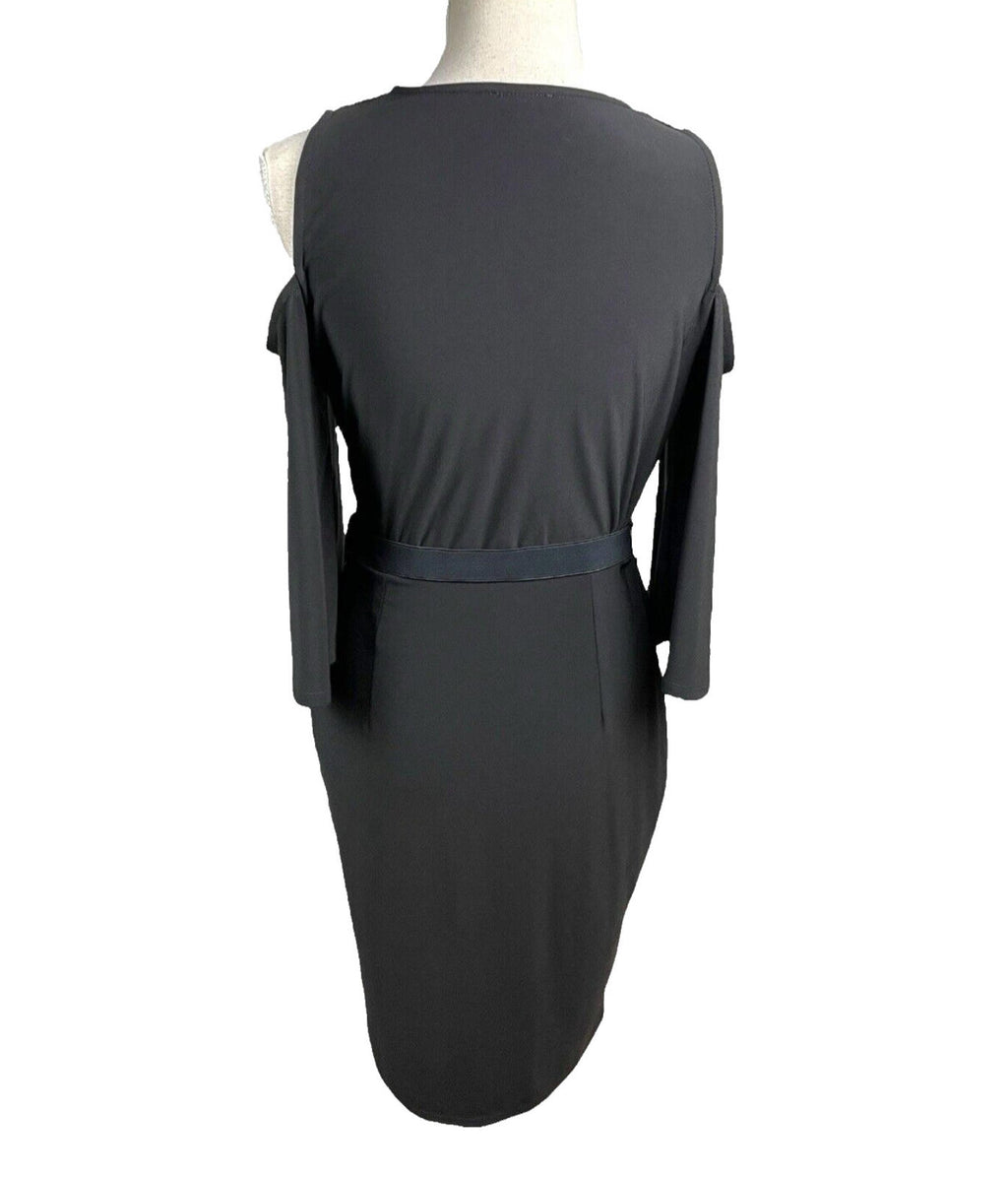 River Island Black Midi Dress Belted Cold Shoulder Sleeve Women’s UK Size 12