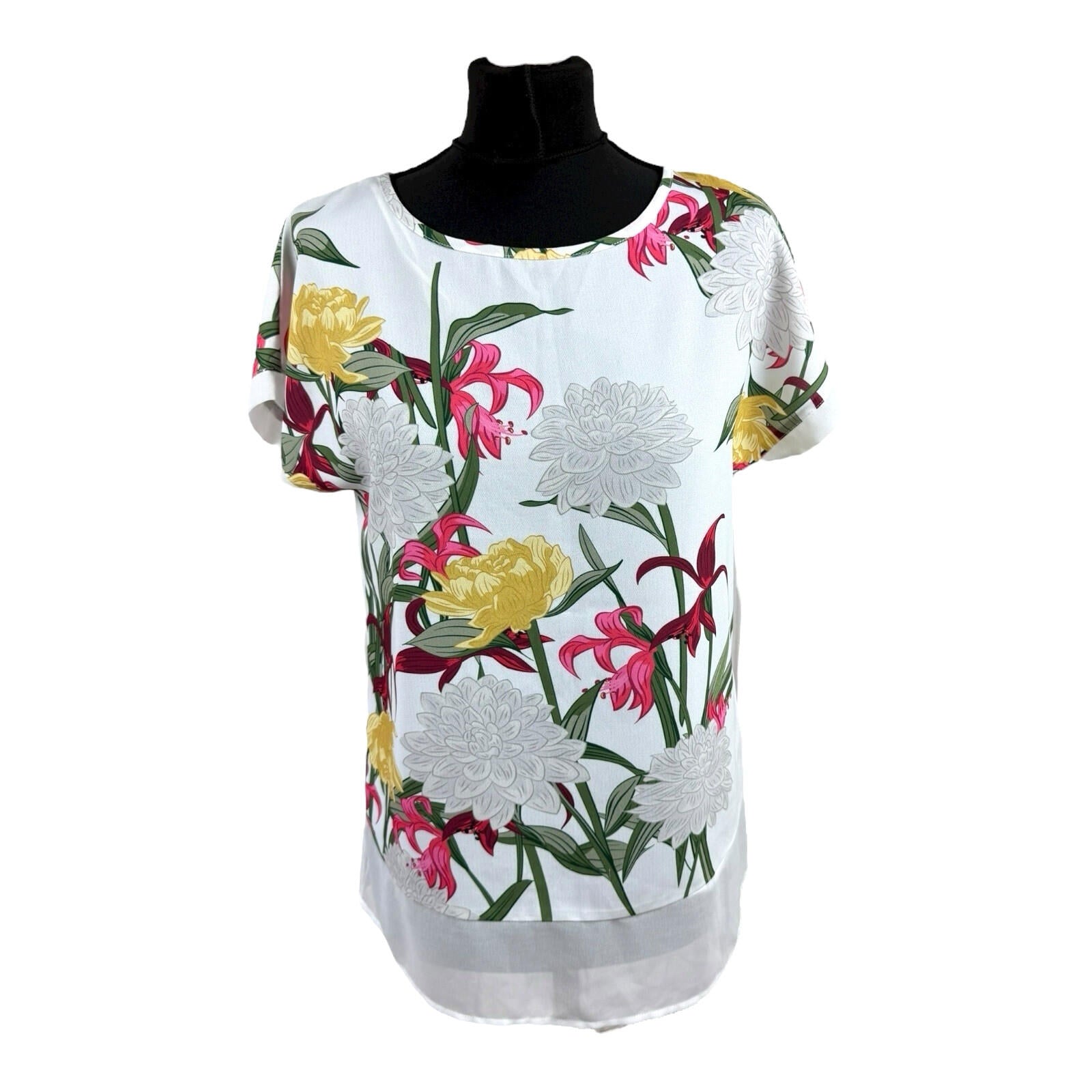 Soon White Floral T-shirt Top Chiffon Panel Relaxed Fit Women’s UK Size 8