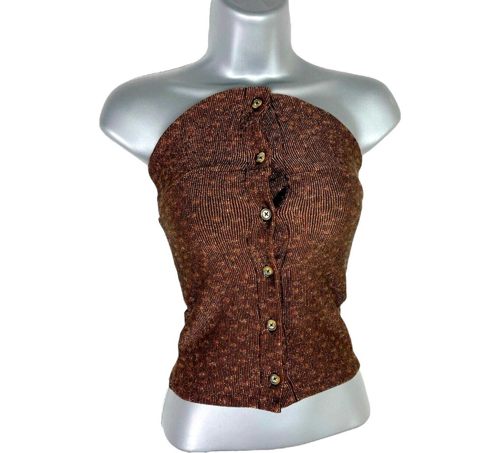 Brown Knit Bandeau Top Women’s UK Size 6 Strapless Button Up Gold Sparkle Detail
