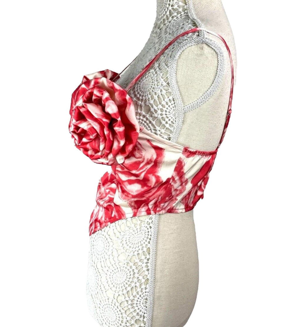 Pretty Little Thing Red & Cream Satin Flower Crop Top Women’s UK Size 8
