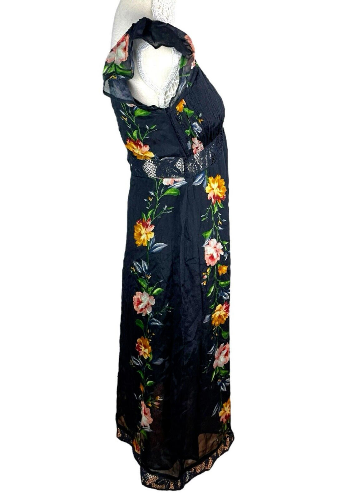 Black Floral Maxi Dress Lace Panels Women’s UK Size 8
