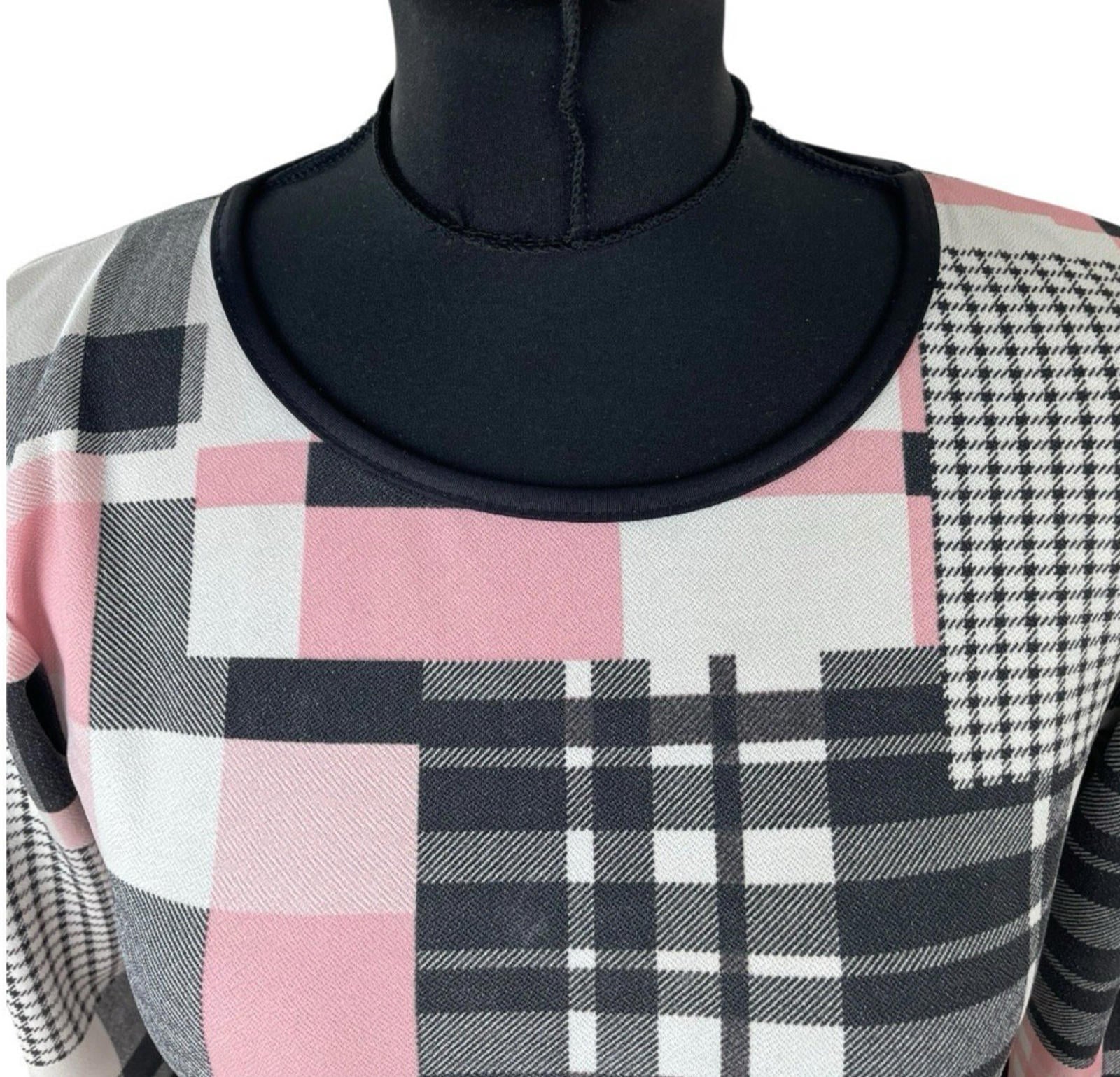 Silk Checkered T-shirt Dress 3/4 Sleeve Pink Black White Women’s UK Size 14