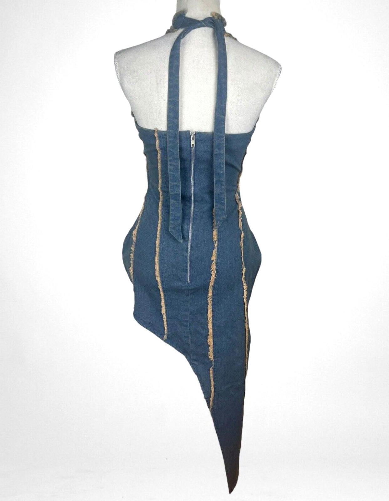 Denim Dress irregular Stretch Halterneck Tapered Seems Women's UK Size 8