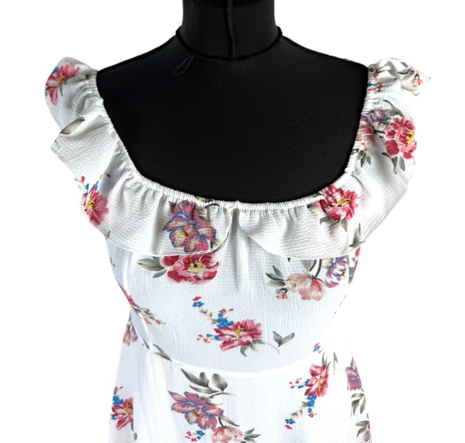 Floral Mini Dress Women’s UK Size L White Ruffle Square Neck Tie-Strap Open Back