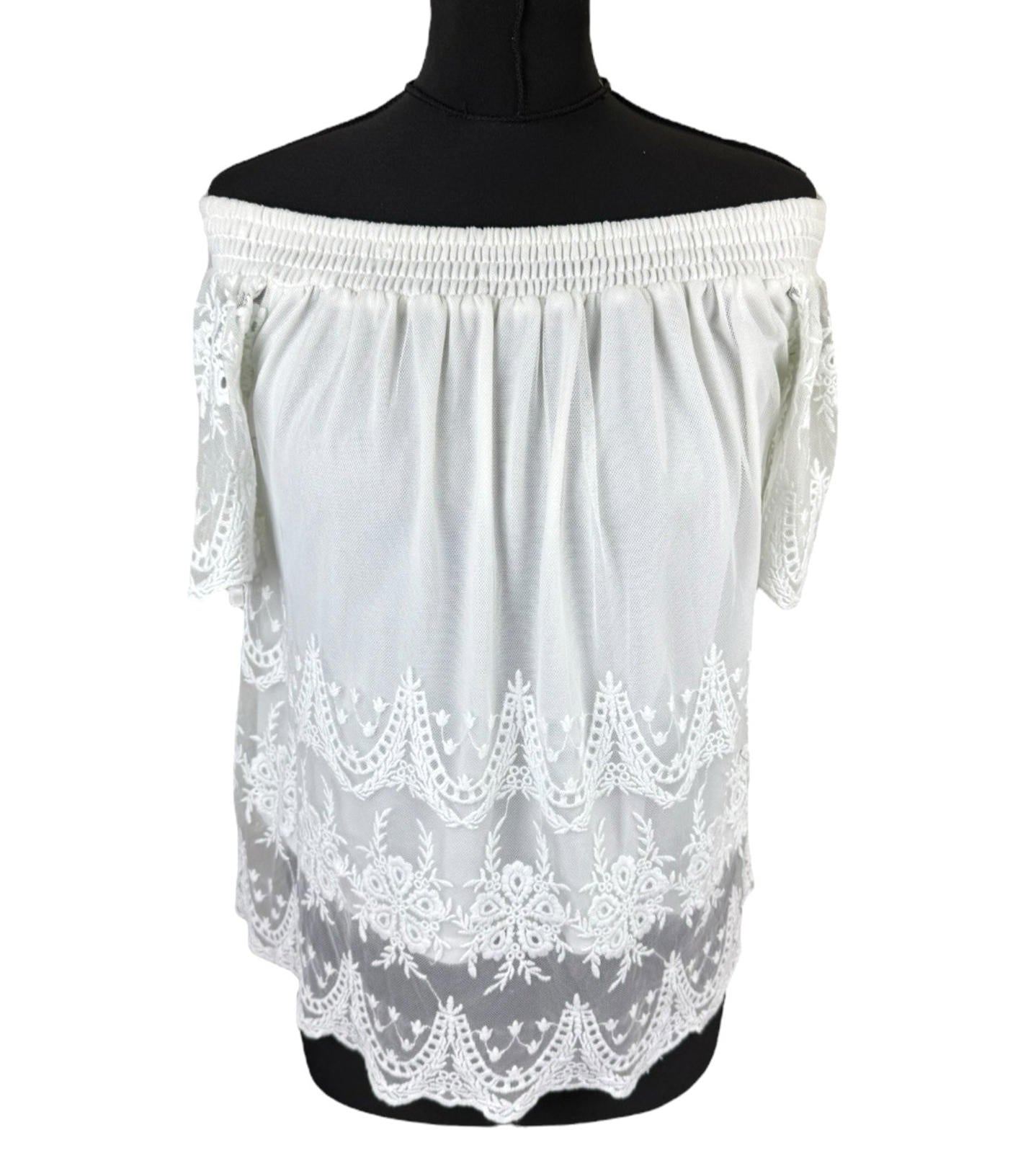 New Look Off Shoulder Blouse Women’s UK Size 10 White Lace Trim Shirred Bardot