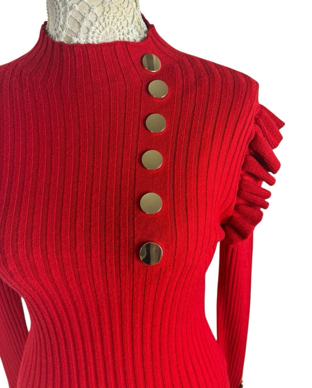 Moocci Red High Neck Knit Jumper Ribbed Gold Button Women’s UK Size M