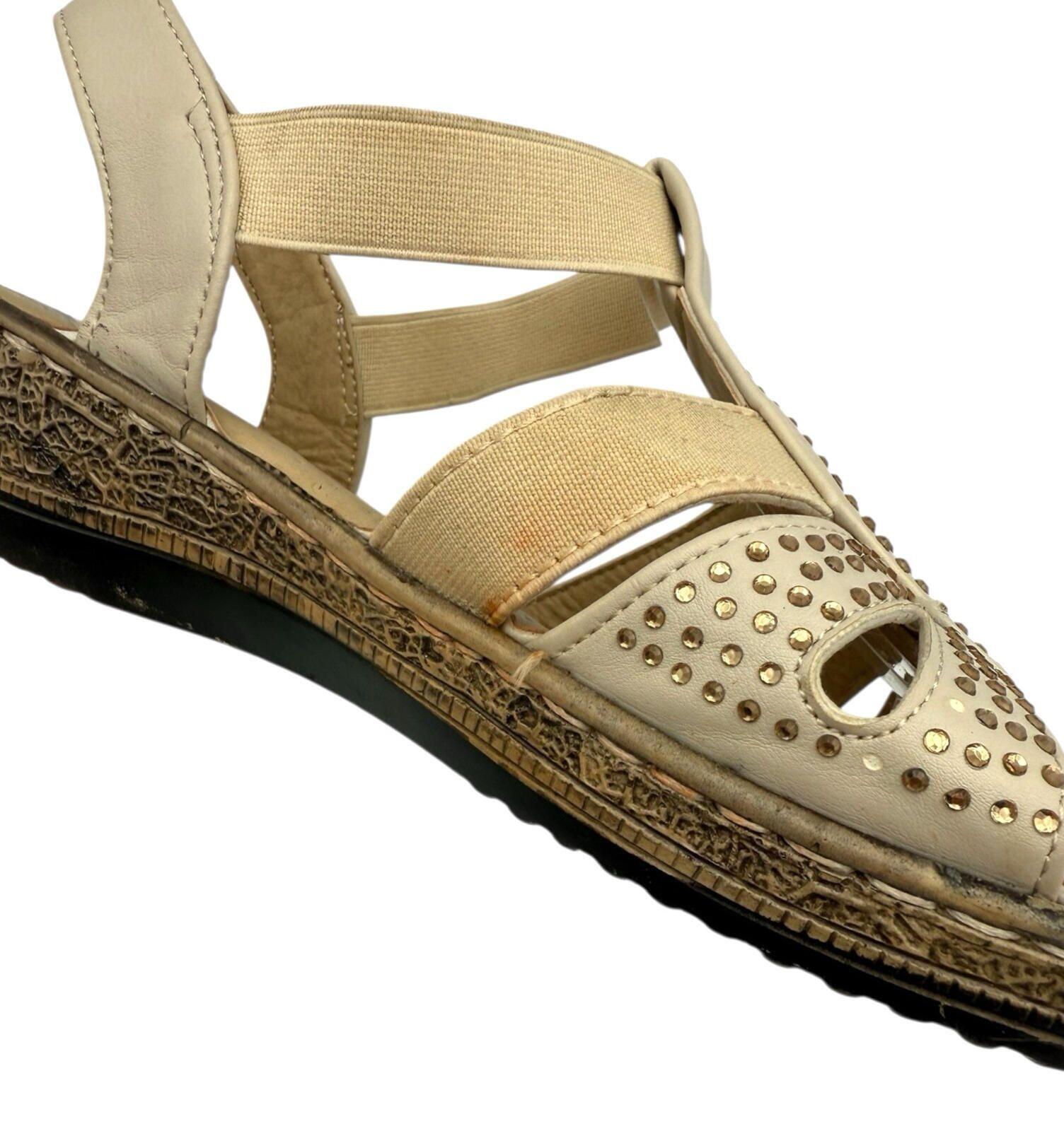 Softlites Sandals Elasticated Diamante Low Heel Cushioned Gladiator Beige Gold