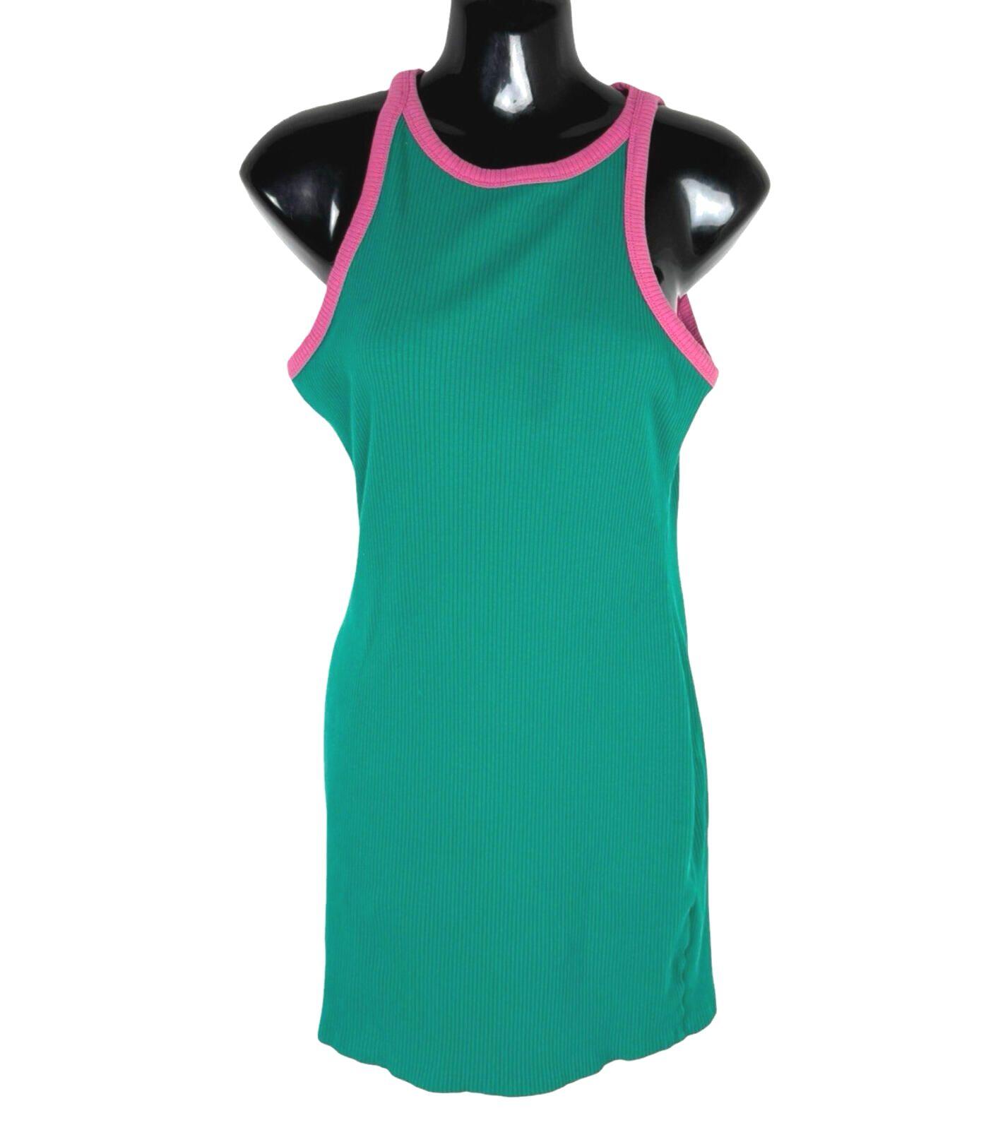 Primark Ribbed Mini Dress Women’s UK Size 14 Sleeveless Stretch Green Pink Trim