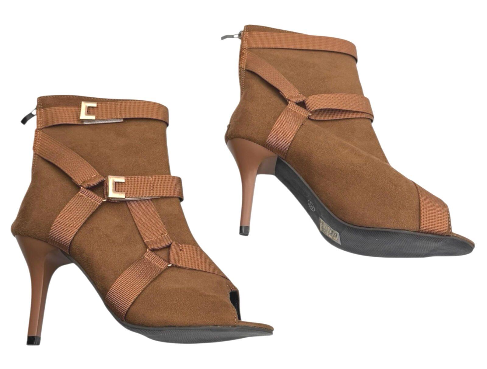 Brown Suede Calf Boots Women’s UK Size 3 Peep Toe. Gold Buckles Stiletto Boots