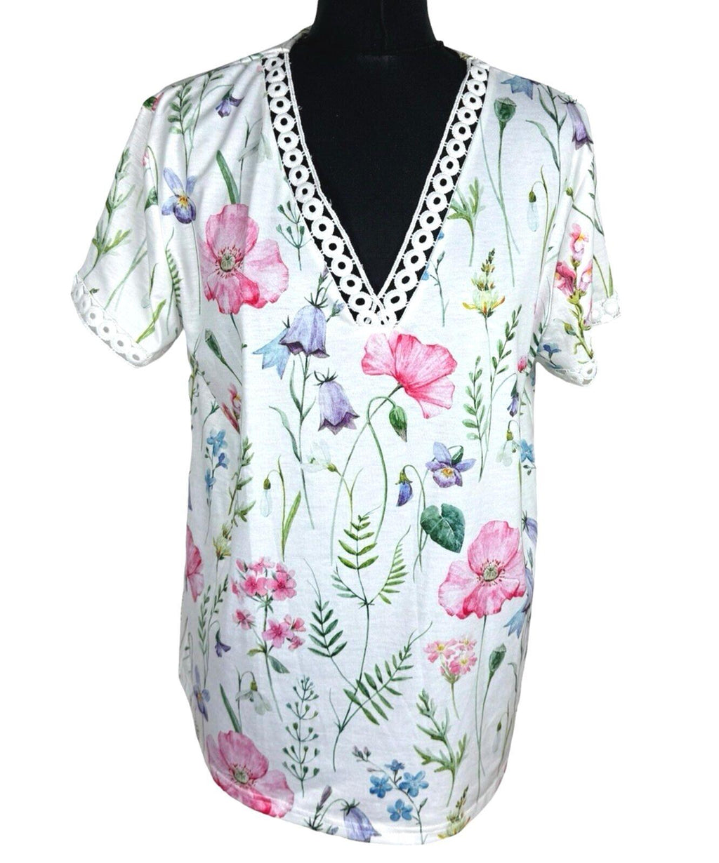 Just Fashion V-Neck Blouse Top Women’s UK Size M Floral Print Contrast Lace Trim