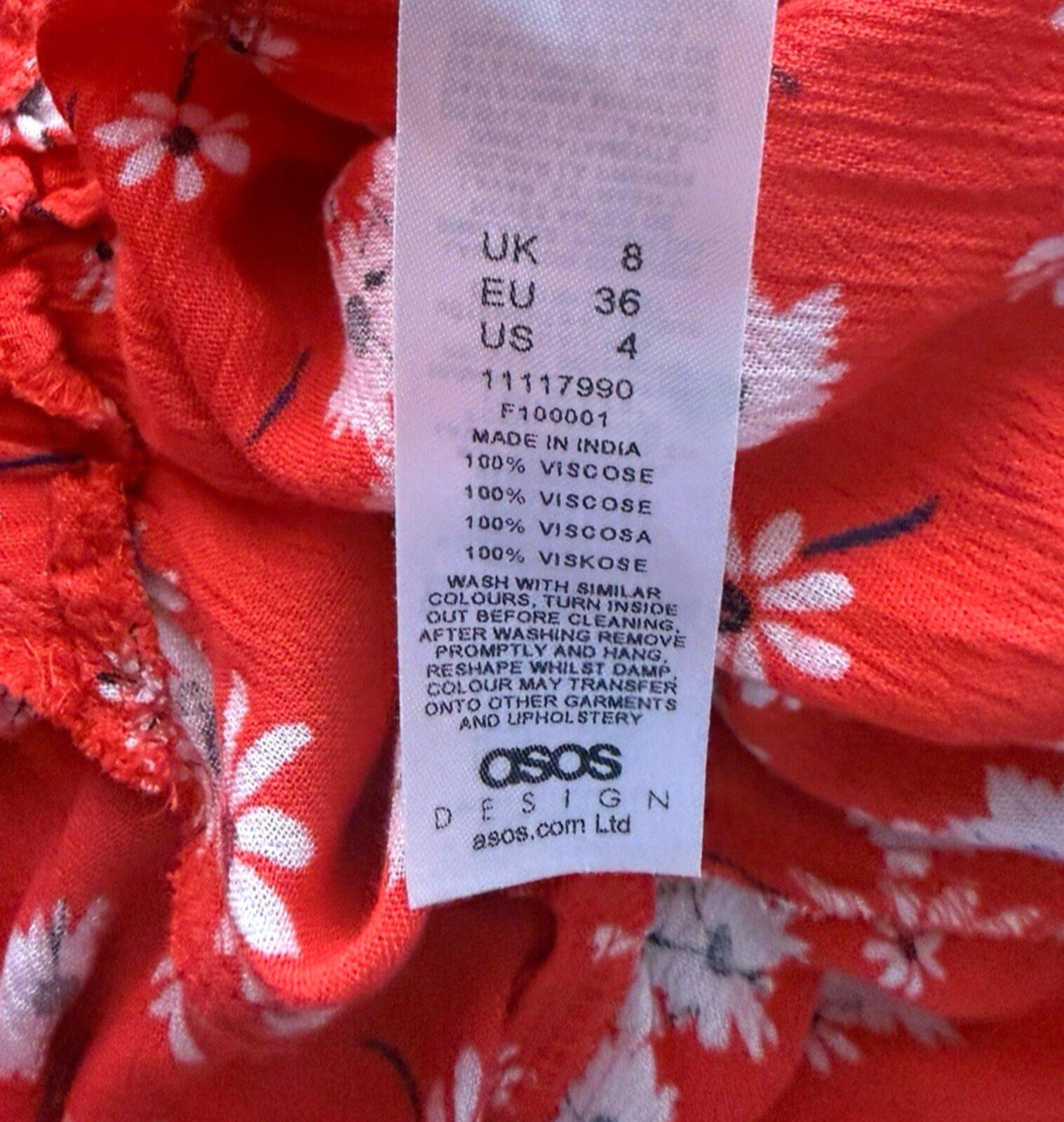 ASOS Square Neck Crinkle Smock Top Women’s UK Size 8 Red Floral Elasticated Cuff