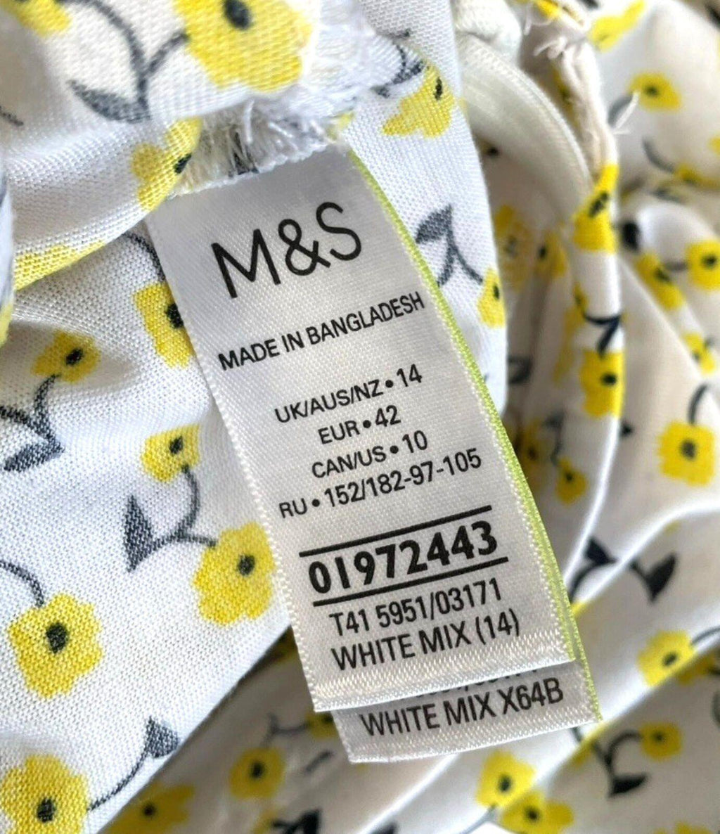 Marks & Spencer White Yellow Floral T-Shirt Blouse Women’s UK Size 14 Crew Neck