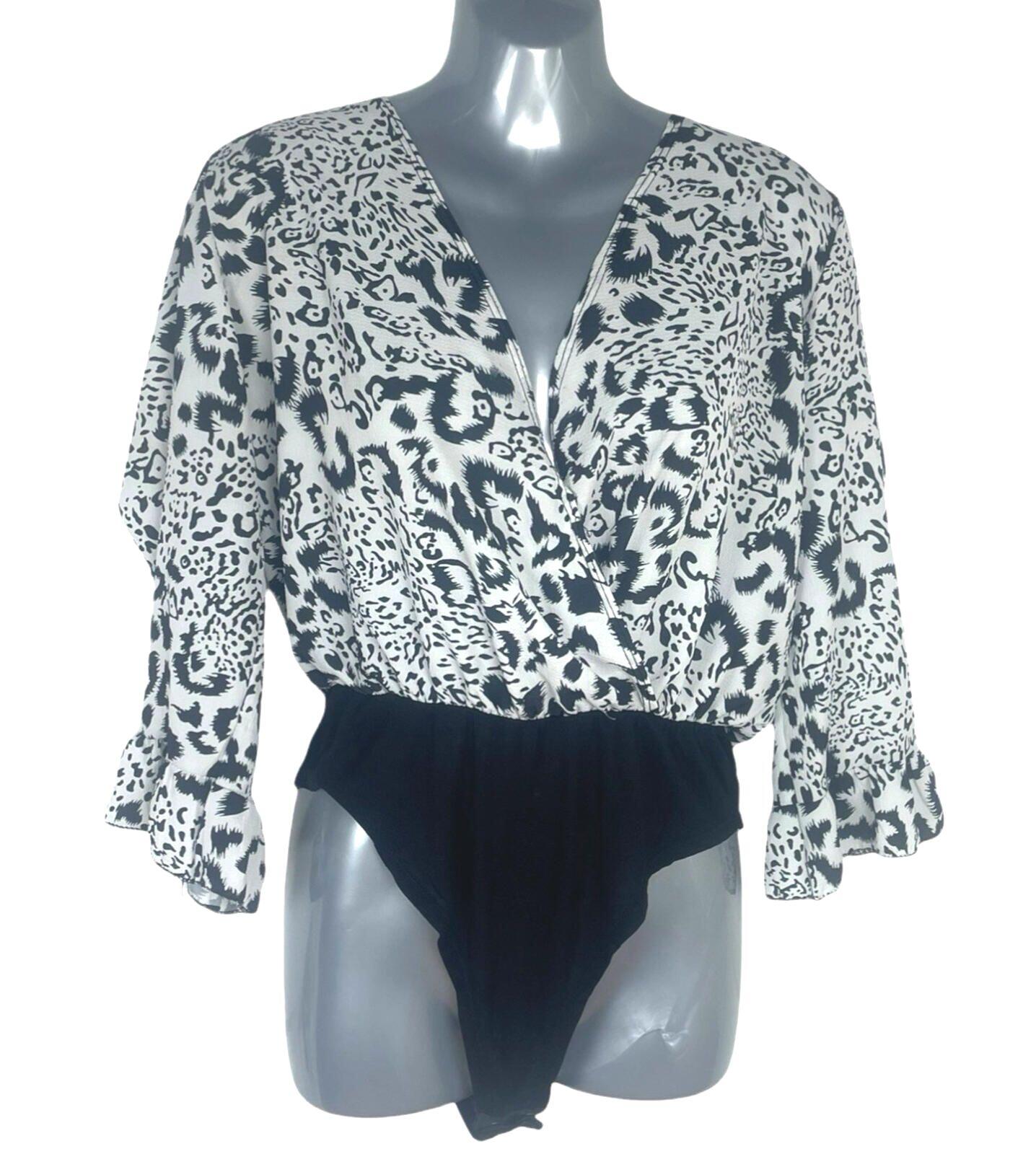 Boohoo Animal Print Bodysuit Top Women’s UK Size S Long Sleeve White Black