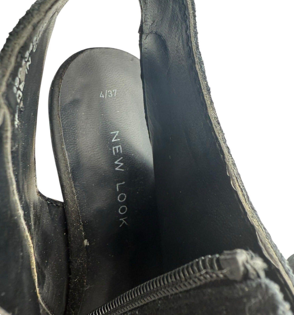 NewLook Peep Toe Ankle Boots Women’s UK Size Mirrored Silver Block Heel Black
