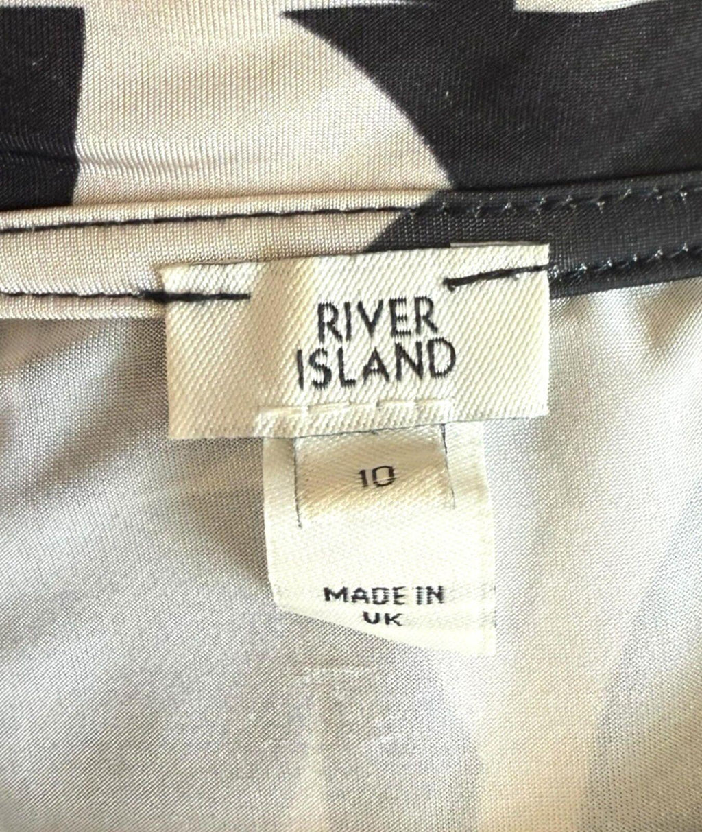 River Island Blouse Women’s UK Size 10 Black White Graphic Print Belted Collared