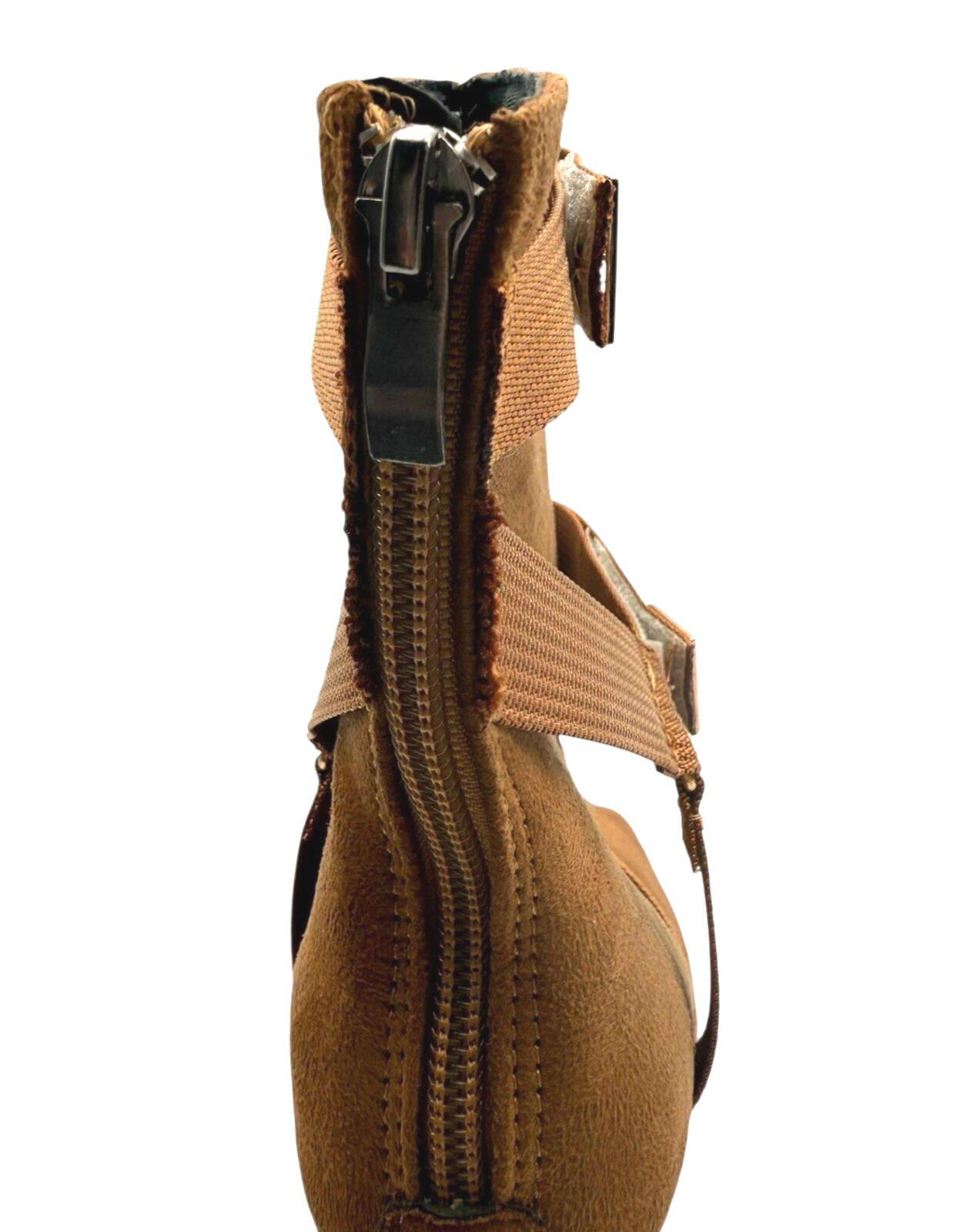 Brown Suede Calf Boots Women’s UK Size 3 Peep Toe. Gold Buckles Stiletto Boots