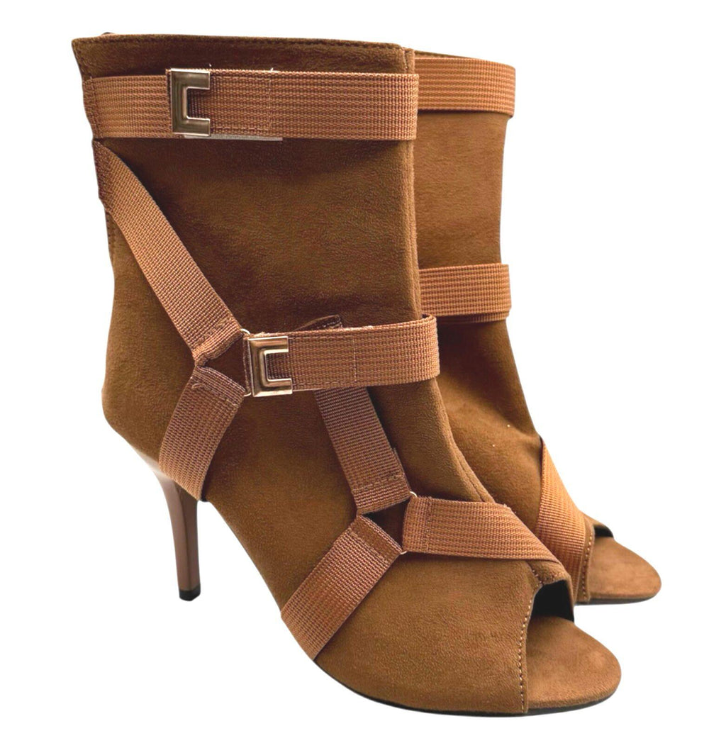 Brown Suede Calf Boots Women’s UK Size 3 Peep Toe. Gold Buckles Stiletto Boots