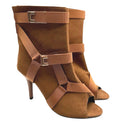Brown Suede Calf Boots Women’s UK Size 3 Peep Toe. Gold Buckles Stiletto Boots