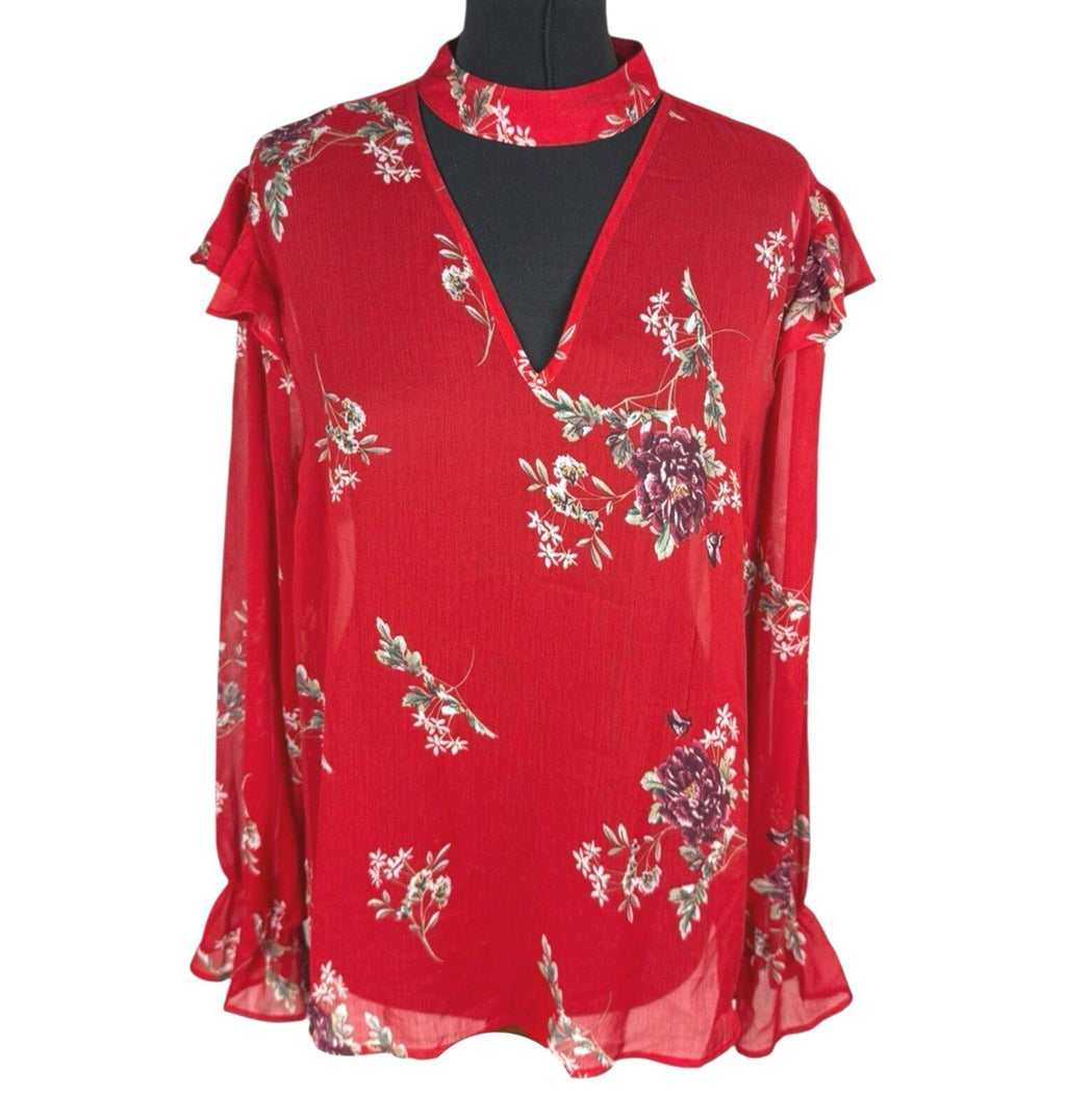 Primark Floral Blouse Women’s UK Size 14 Long Sleeve Ruffled Cuffs Choker Neck