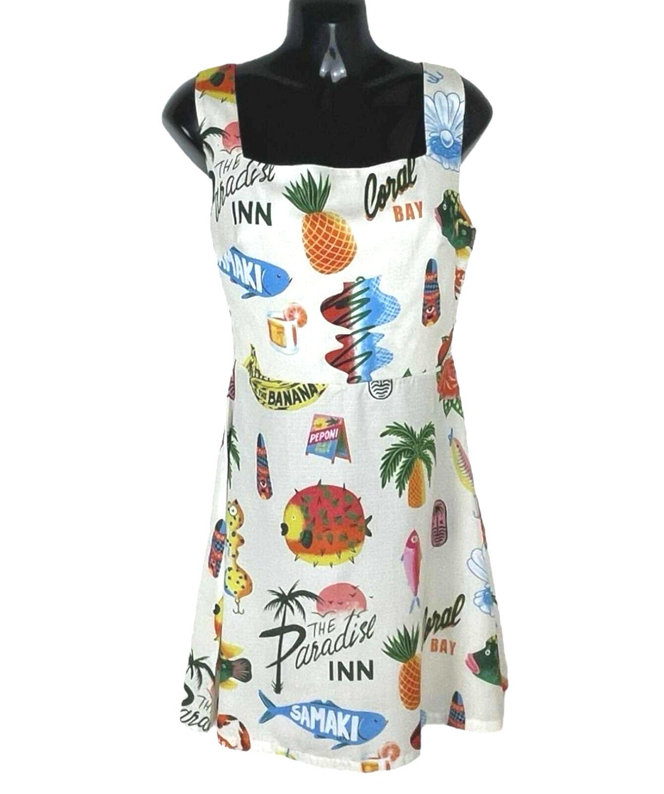 Comense Retro Summer Dress Women’s UK Size M Lace Up Back Mini Multicolour Print
