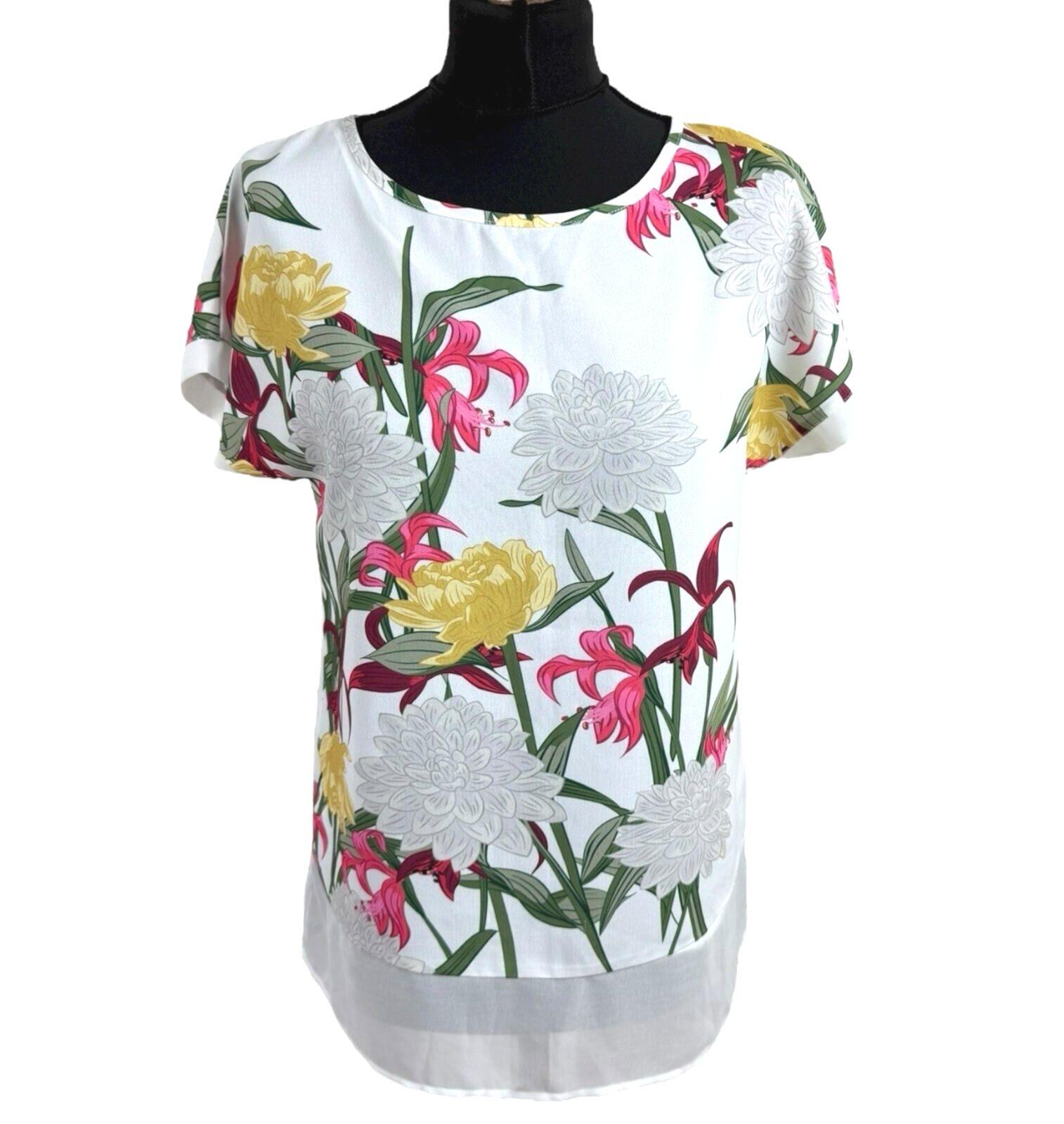 Soon White Floral T-shirt Top Chiffon Panel Relaxed Fit Women’s UK Size 8