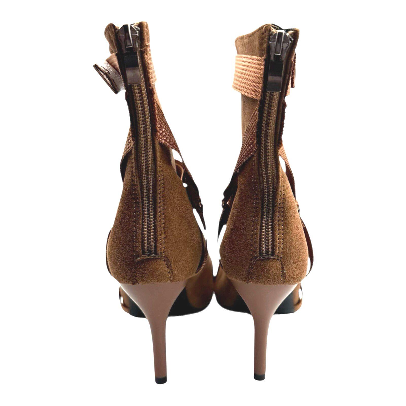 Brown Suede Calf Boots Women’s UK Size 3 Peep Toe. Gold Buckles Stiletto Boots
