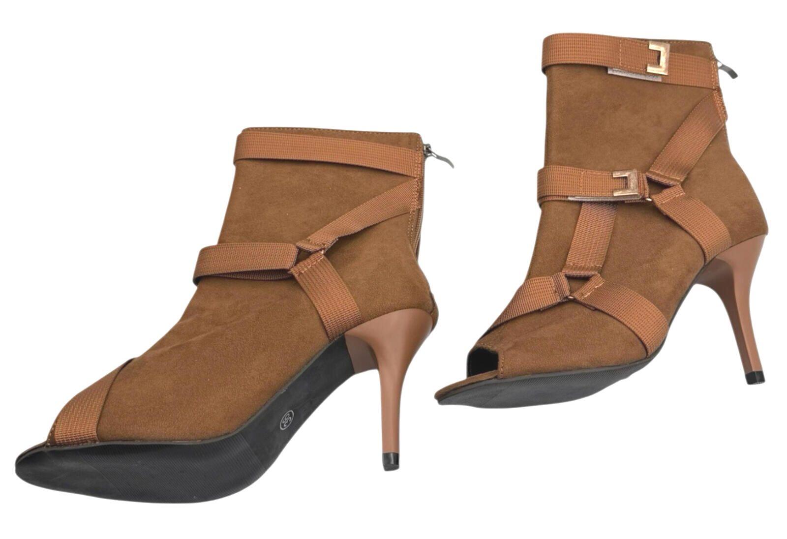 Brown Suede Calf Boots Women’s UK Size 3 Peep Toe. Gold Buckles Stiletto Boots
