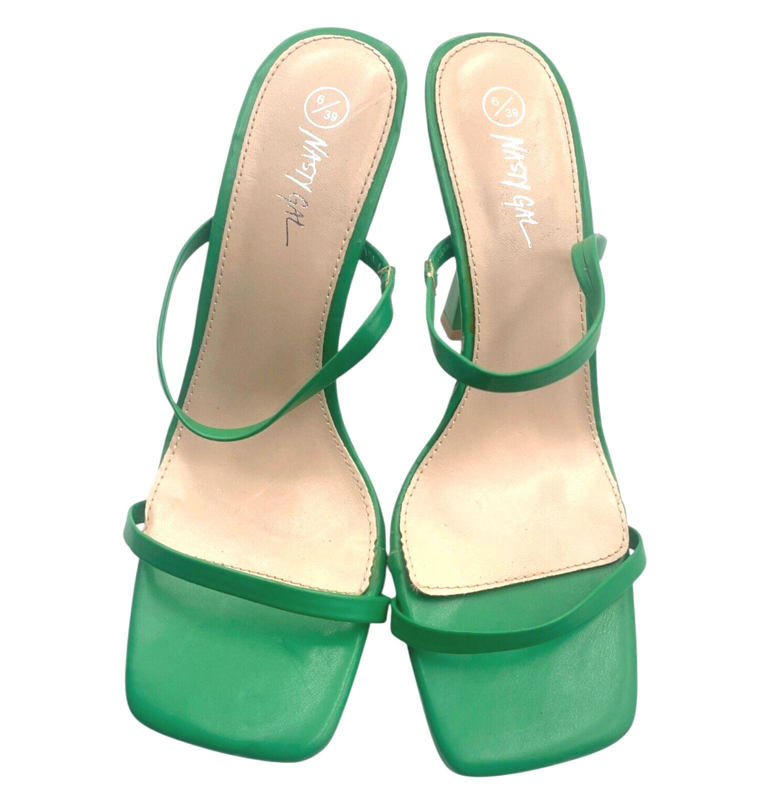 Nasty Gal Two Strap Heeled Mules Women’s UK Size 6 Green Square Ope Toe Flared