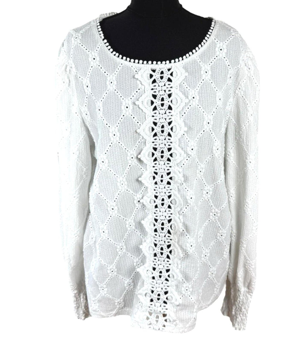 Shein Lace Blouse Women’s UK Size XL White Long Sleeve Crochet Panel Round Neck