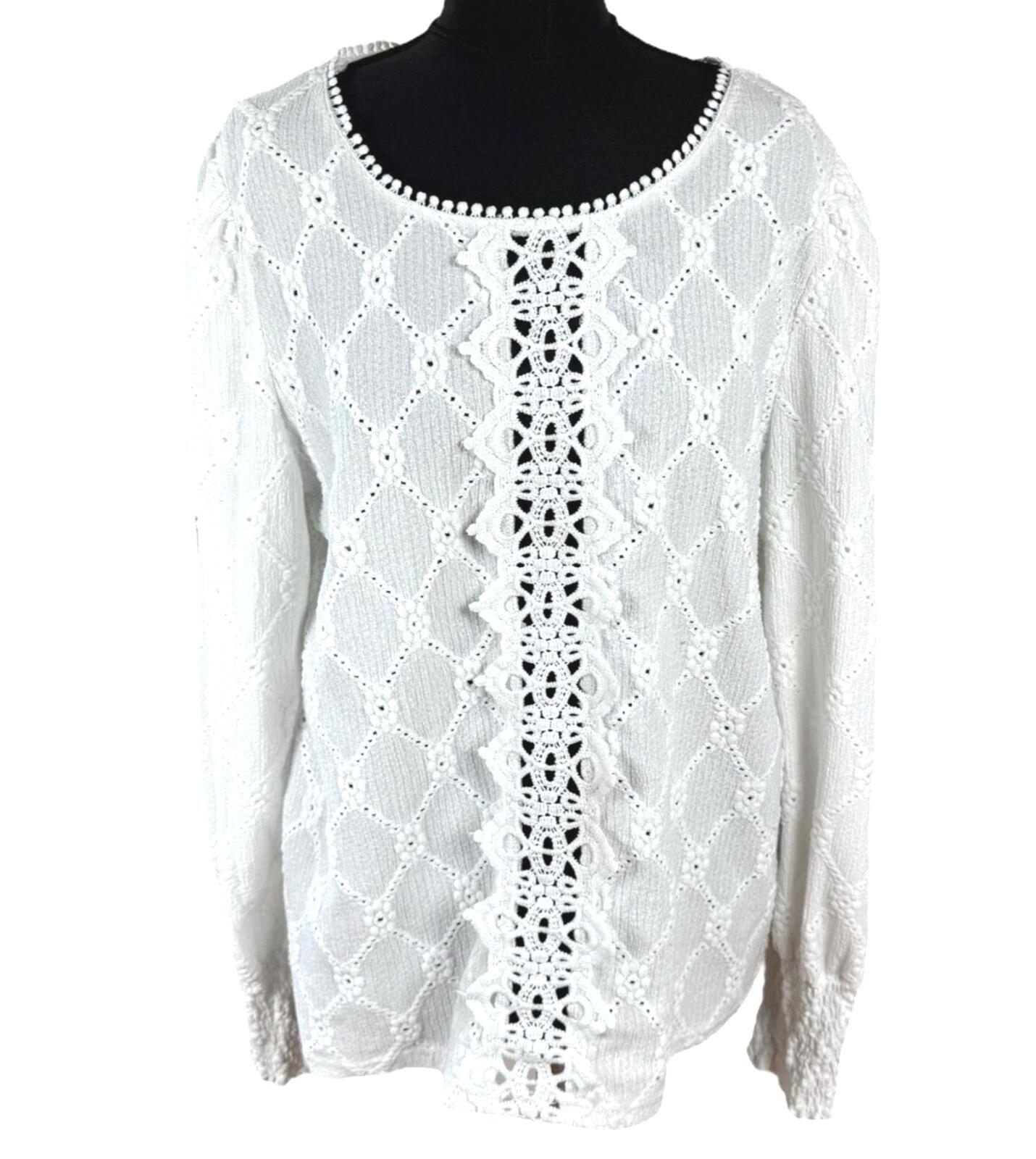Shein Lace Blouse Women’s UK Size XL White Long Sleeve Crochet Panel Round Neck