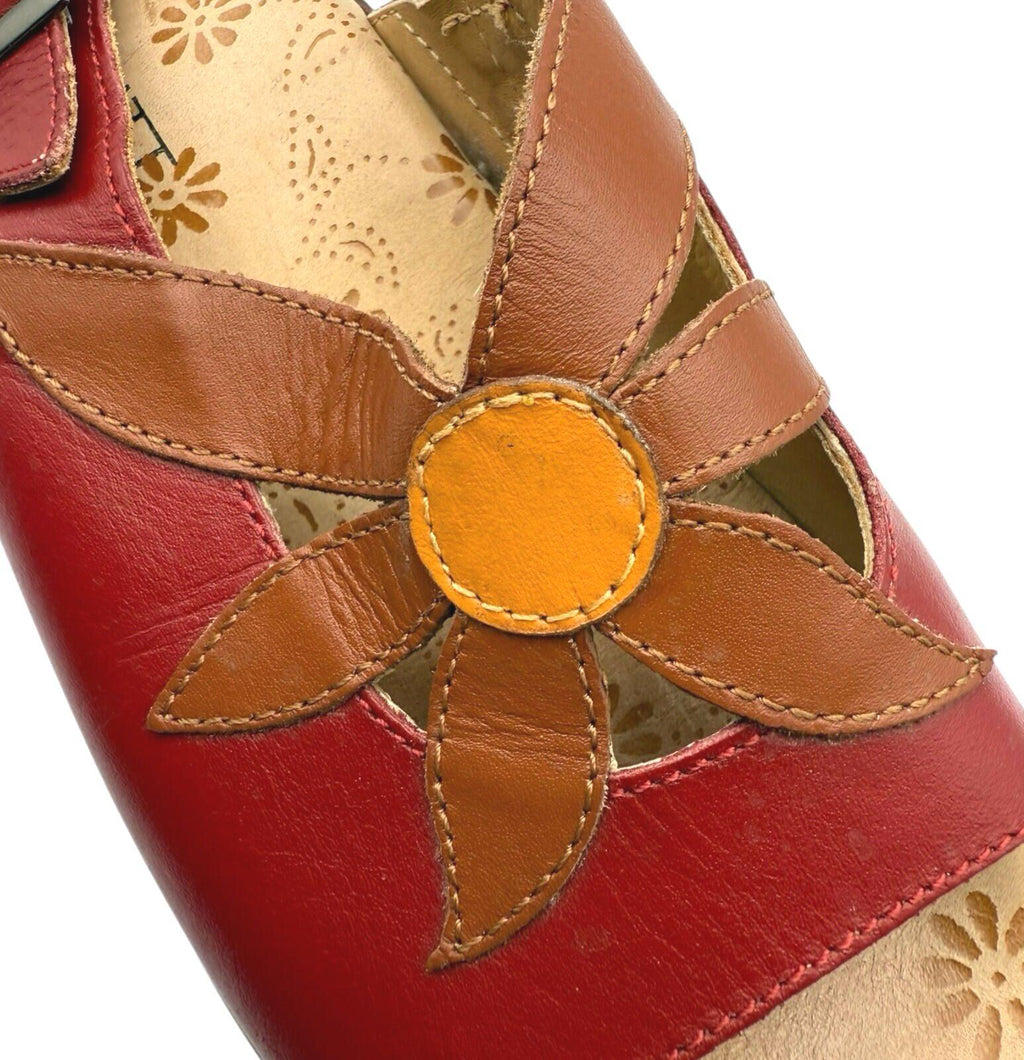 Brevitt Leather Sandals Floral Design Women’s UK Size 4 Slingback Red