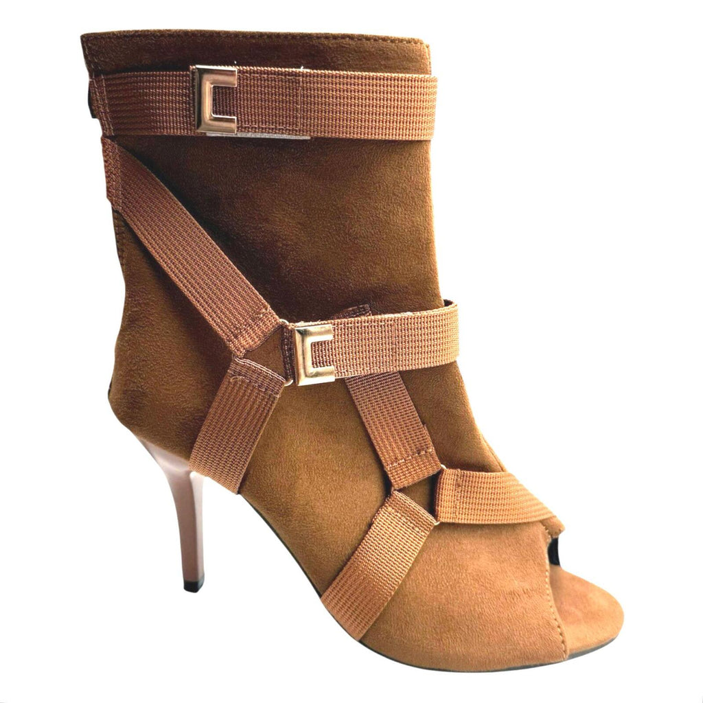 Brown Suede Calf Boots Women’s UK Size 3 Peep Toe. Gold Buckles Stiletto Boots