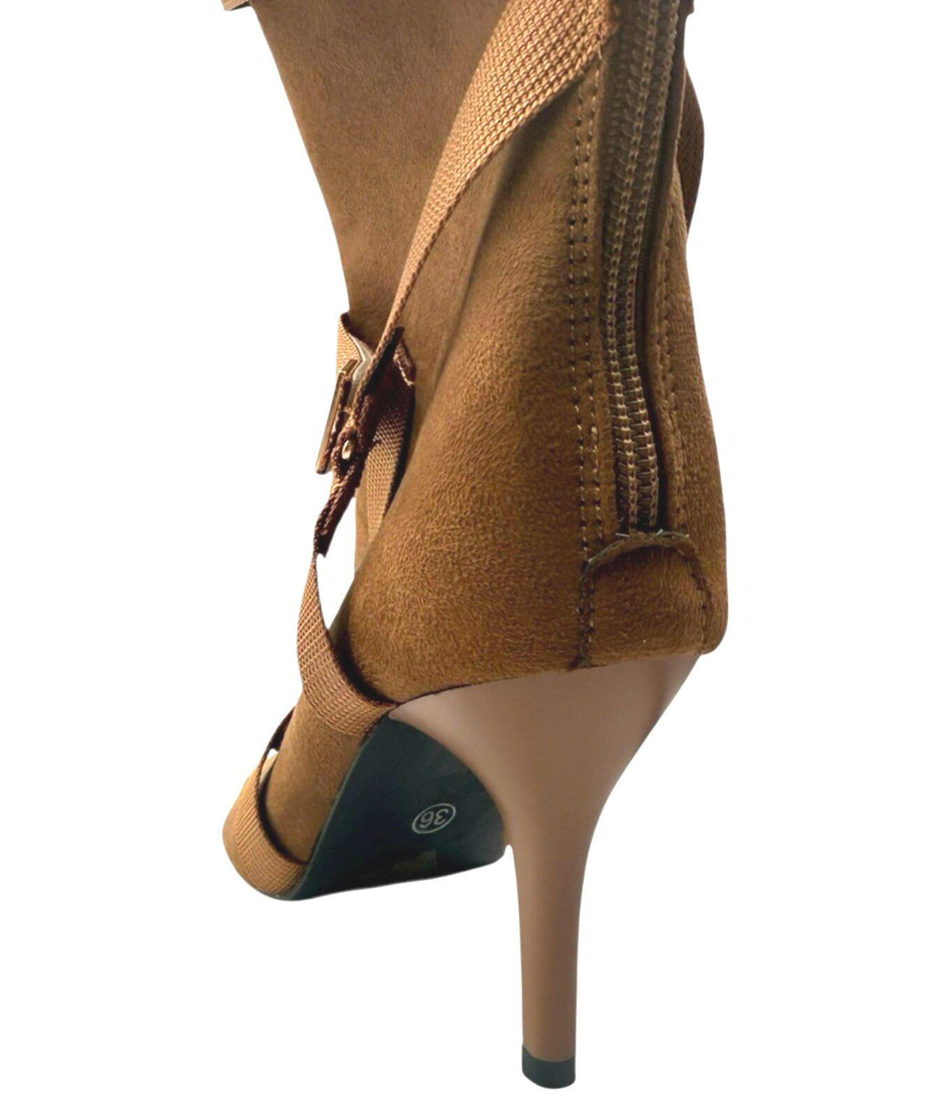 Brown Suede Calf Boots Women’s UK Size 3 Peep Toe. Gold Buckles Stiletto Boots