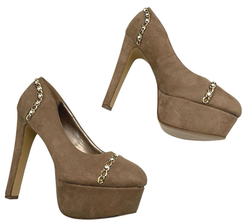 Mannika Platform Stiletto Women’s UK Size 6 Chain Dimante Detail Brown Suede