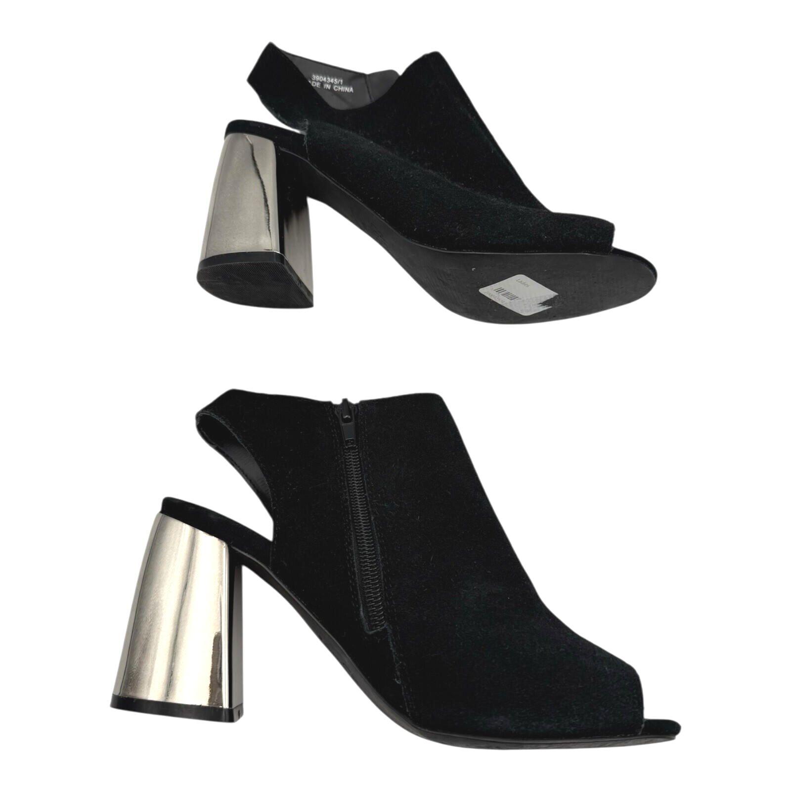 NewLook Peep Toe Ankle Boots Women’s UK Size Mirrored Silver Block Heel Black
