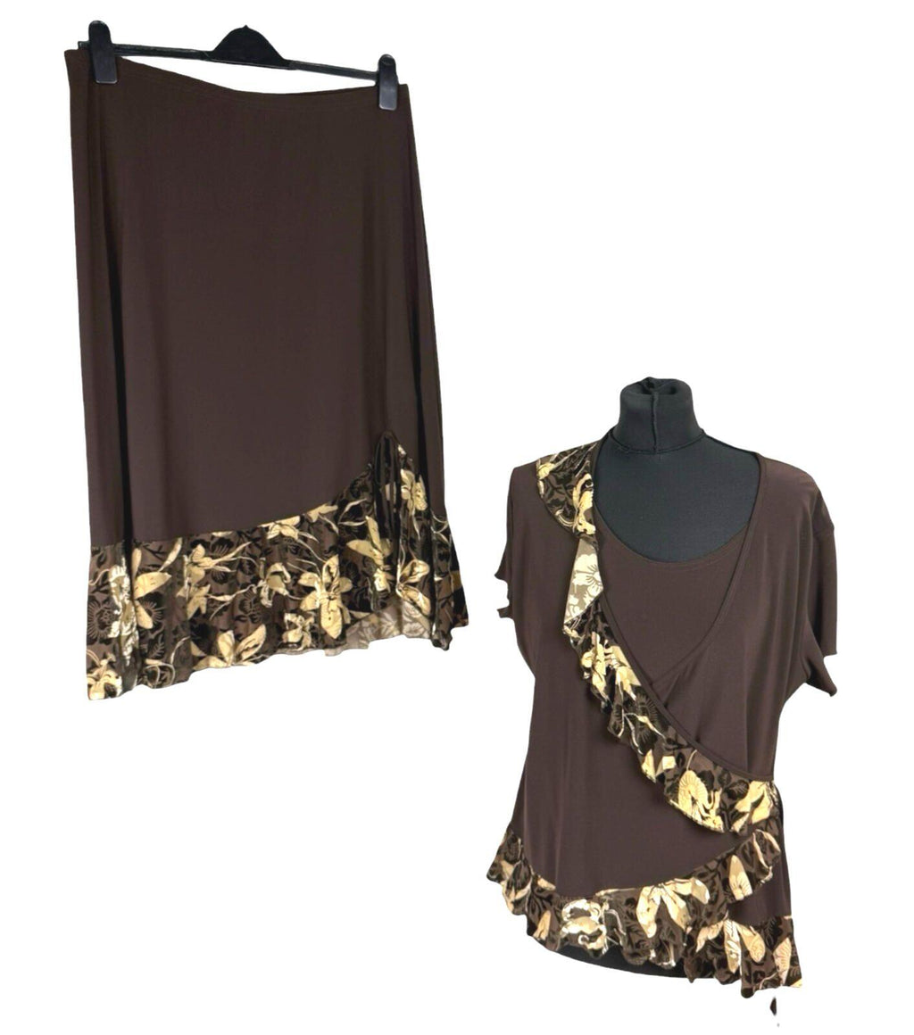 Saloos Skirt And Top Co Ord Set Women’s UK Size XL Stretch Floral Frill Brown