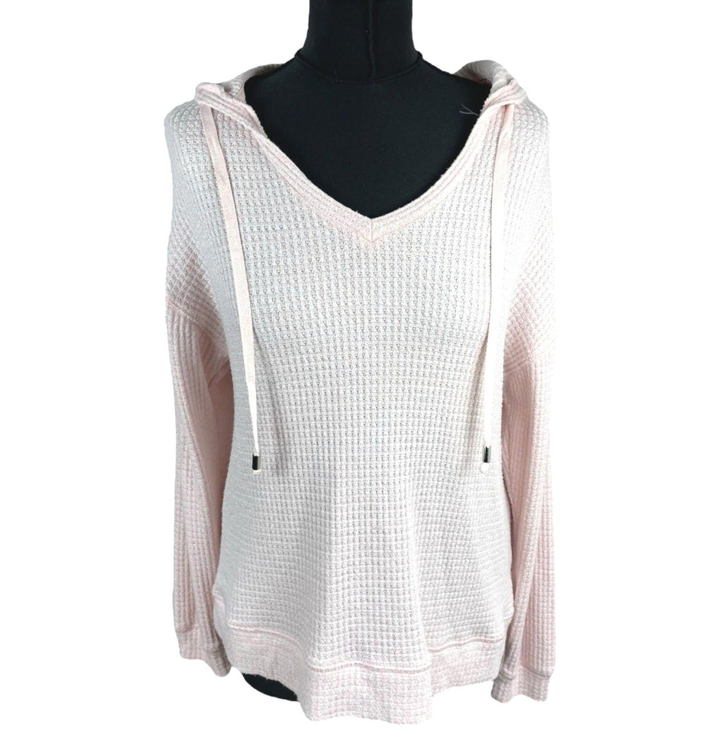 Waffle Knit Hooded Top Women’s UK Size 10 Pale Pink Deep V-Neck Textured Sweater