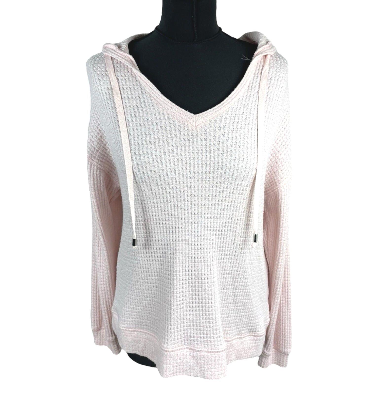 Waffle Knit Hooded Top Women’s UK Size 10 Pale Pink Deep V-Neck Textured Sweater